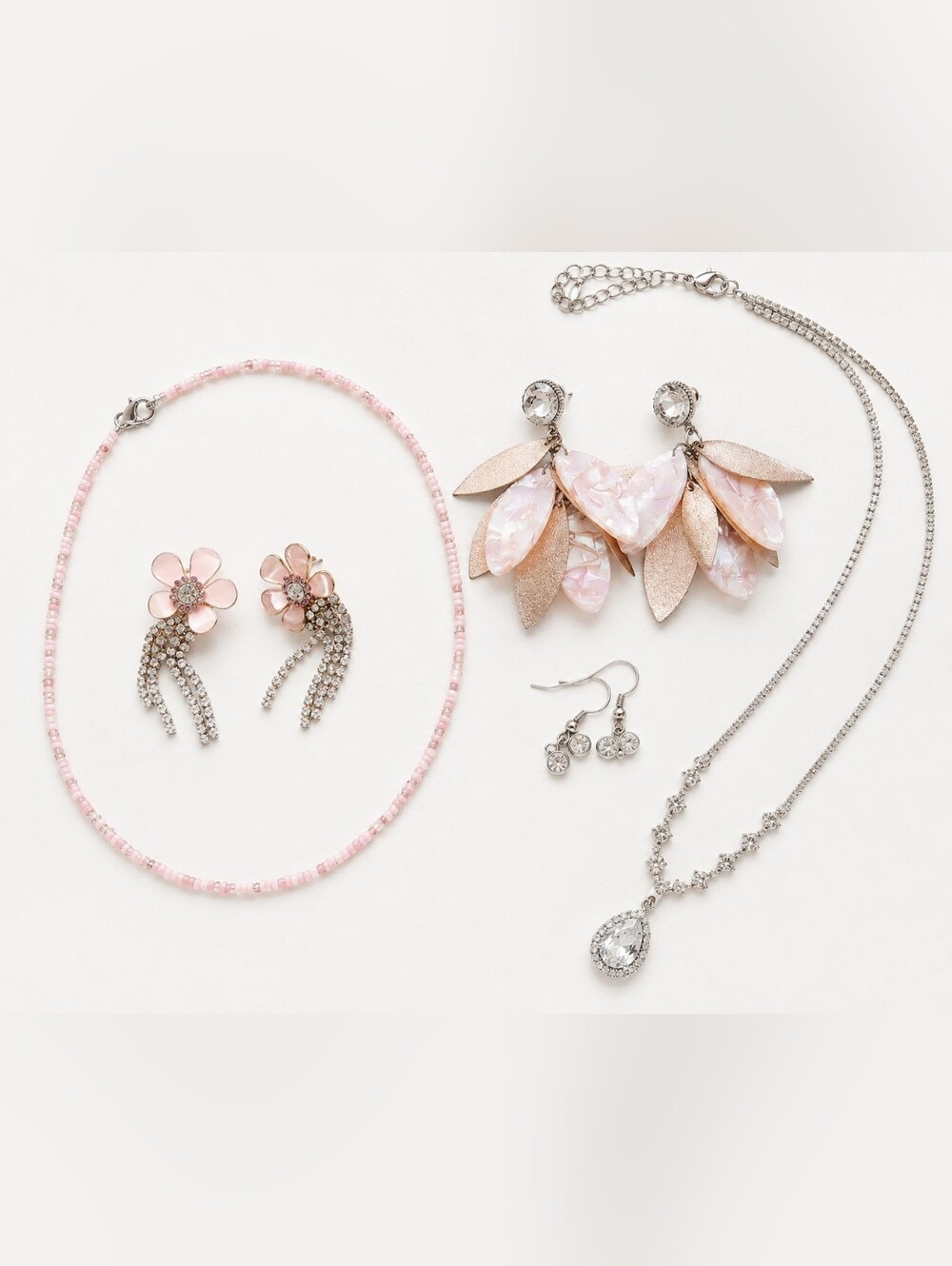 Delicate Pink Floral and Crystal Women's Jewelry Set